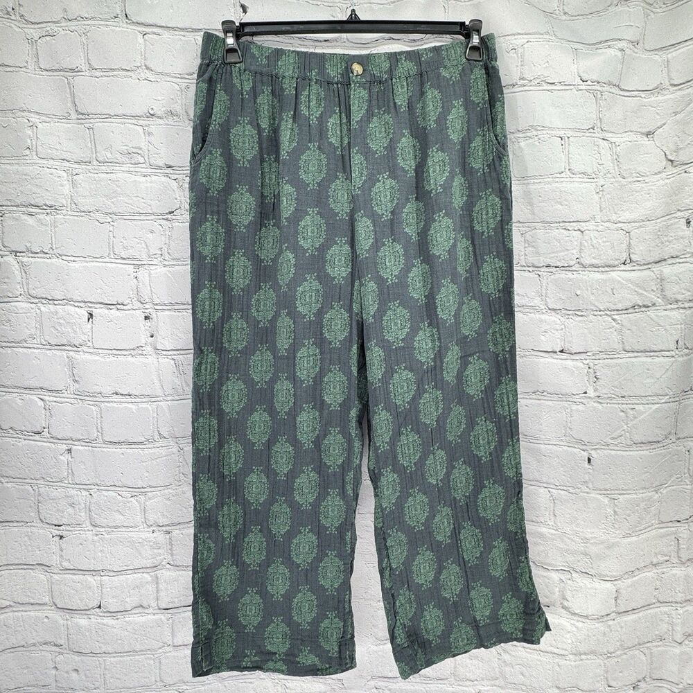 Wonderly Gauze Cropped Pants Women's XL Green Gray Cotton Lightweight Pockets